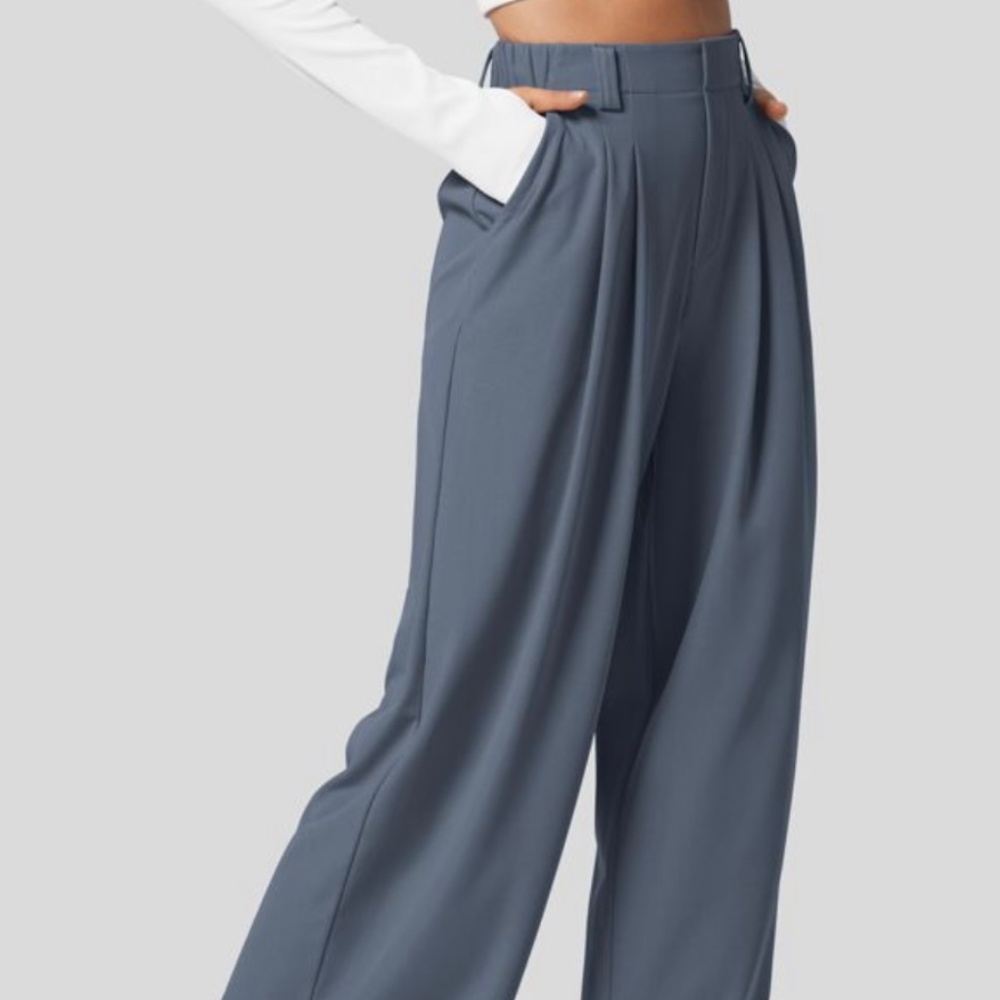 HALARA High Waisted Business Work Pants Plicated Blue Waffle Belt Pockets